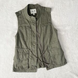 Per Se Utility Vest Women Size M Cargo Hunter Green Pockets Waist Drawstring